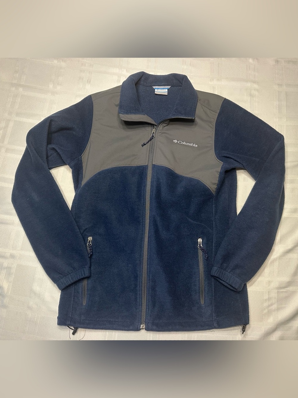 Columbia Mens Fleece Jacket Full Zip Colorblock Small Blue Gray Stand Collar Zip